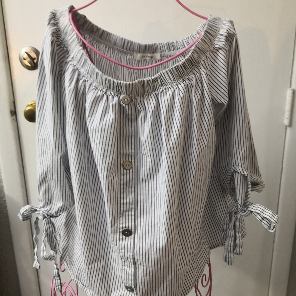 LaBanga Boat Neck Striped Blue/White Top L Tie Sleeves Nautical Preppy Casual - Picture 5 of 11